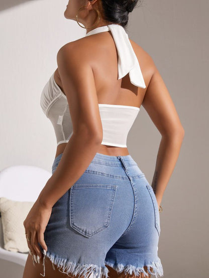 BUYCO Female Fitted Mesh Hollow Out Halter Lace-up Tanks