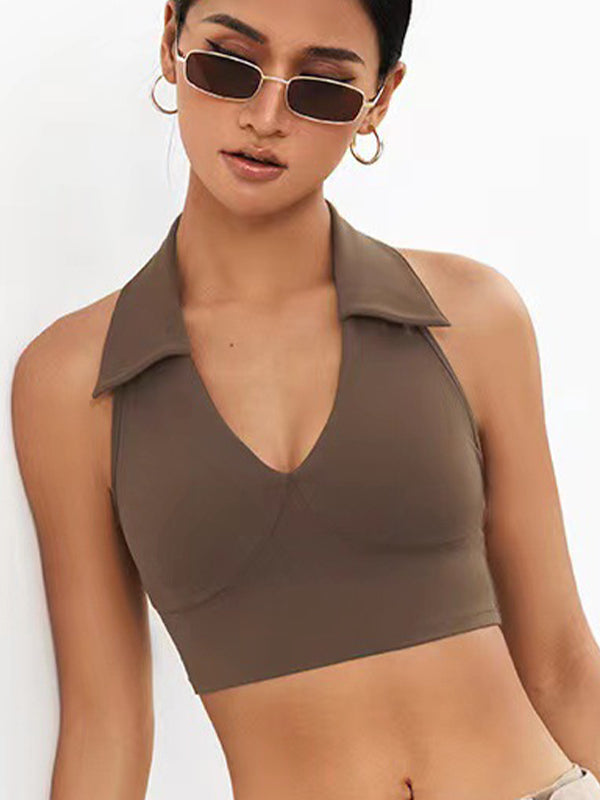BUYCO Female Solid Color Stand Up Collar Deep V Halter Backless Quick Dry Tank