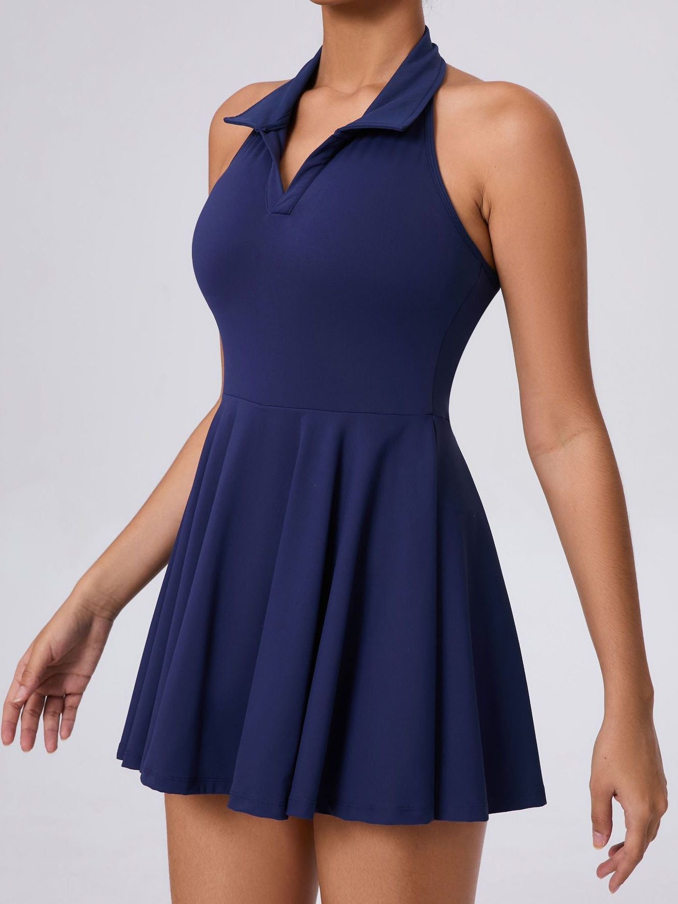 BUYCO Female Stand up collar Backless 2 in1 Pocket Short Dress