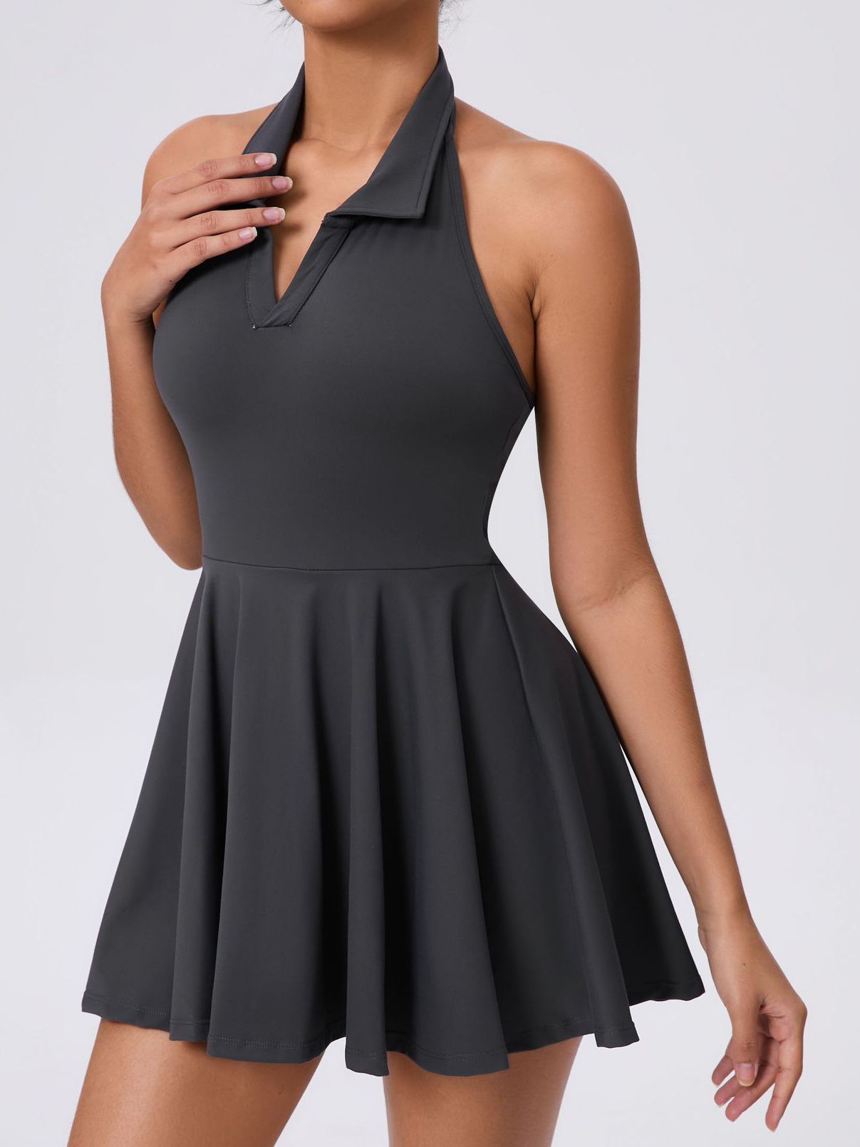 BUYCO Female Stand up collar Backless 2 in1 Pocket Short Dress