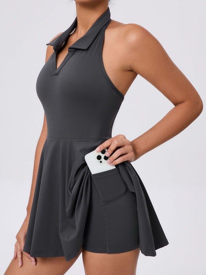 BUYCO Female Stand up collar Backless 2 in1 Pocket Short Dress