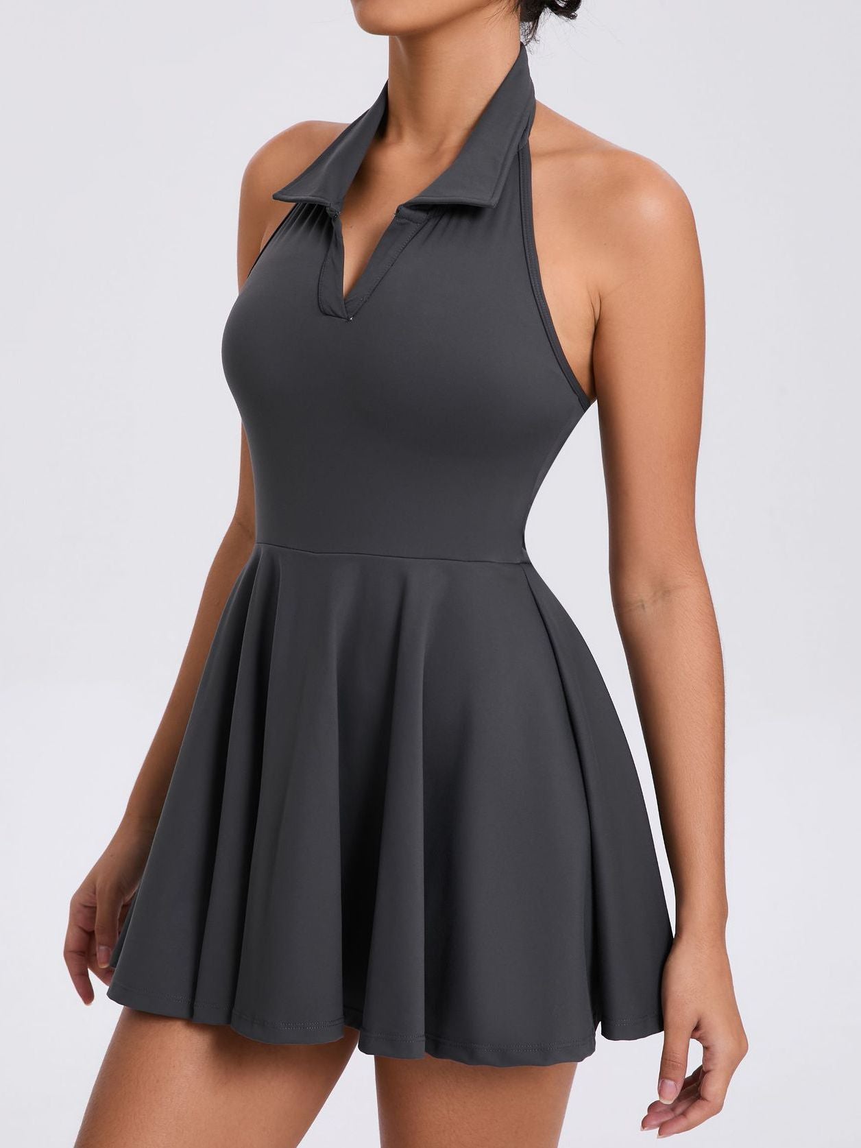 BUYCO Female Stand up collar Backless 2 in1 Pocket Short Dress