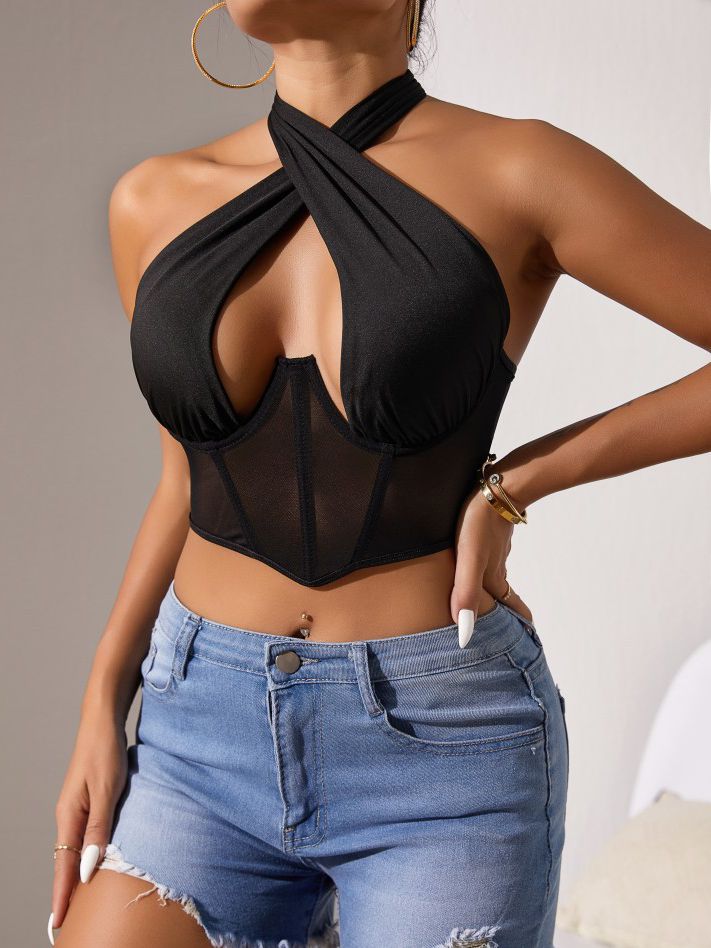 BUYCO Female Fitted Mesh Hollow Out Halter Lace-up Tanks