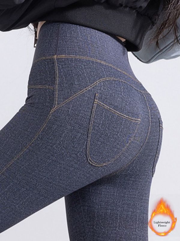 BUYCO Female Denim Fleece Pocket Elastic Tight Leggings