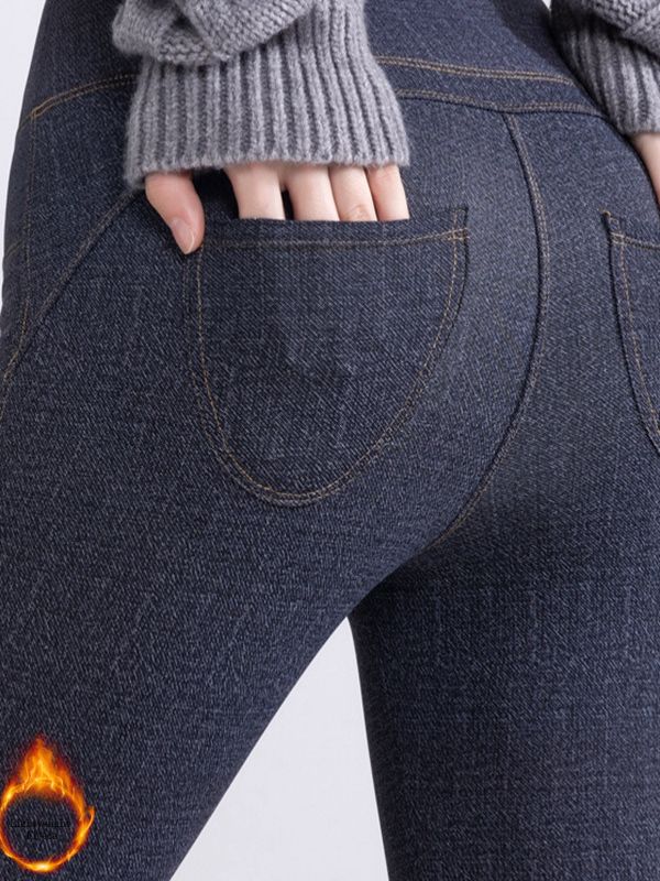 BUYCO Female Denim Fleece Pocket Elastic Tight Leggings