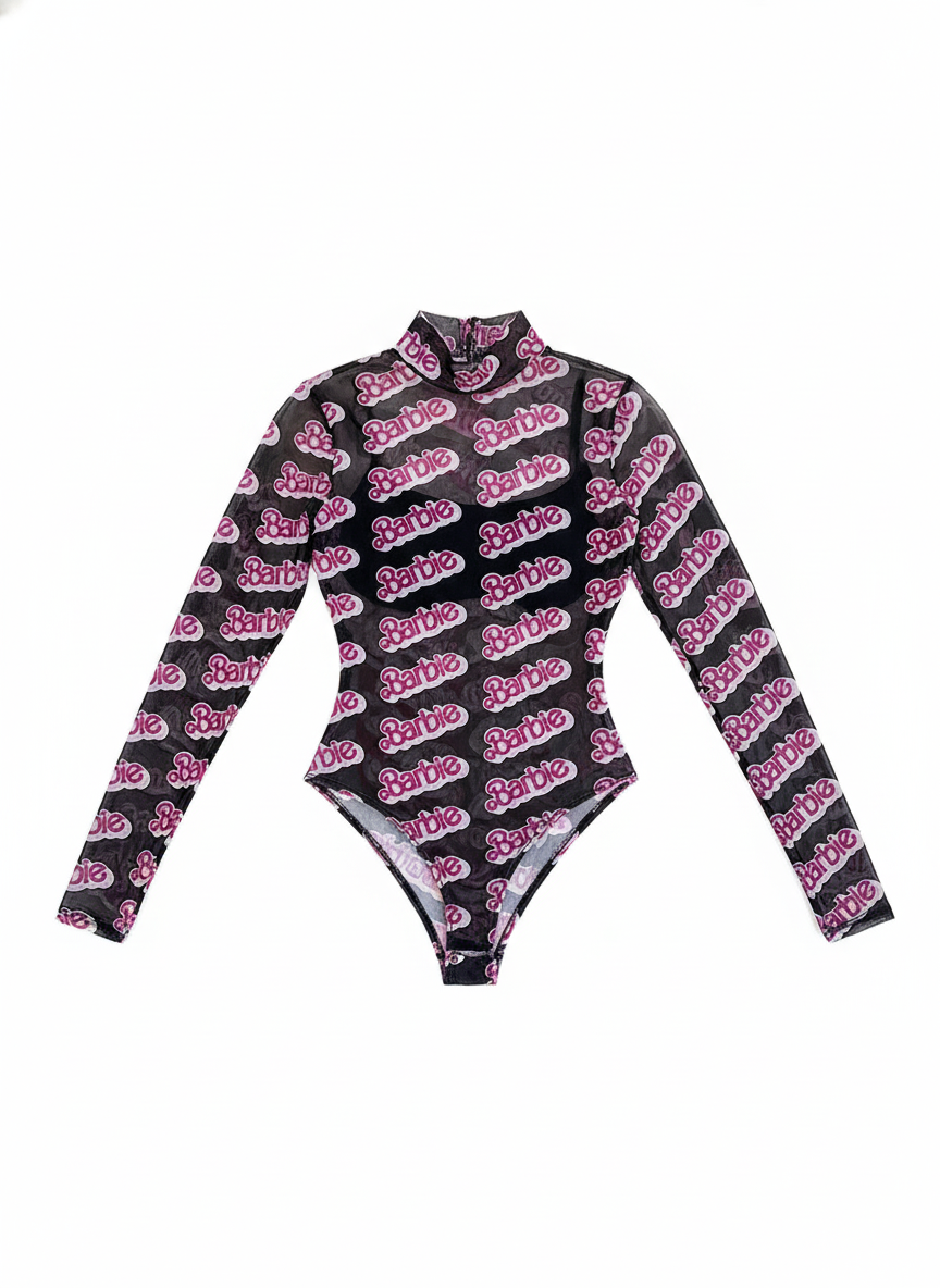 BUYCO Female "Barbie Print" Mesh Thumbhole Bodysuit