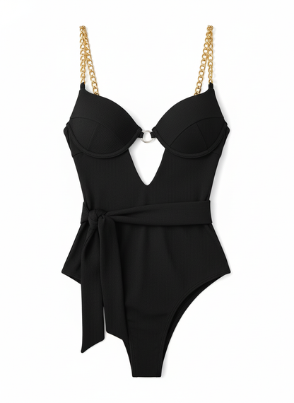 BUYCO Female Fitted Lace-up Hollow Out with Metal Chain One Piece
