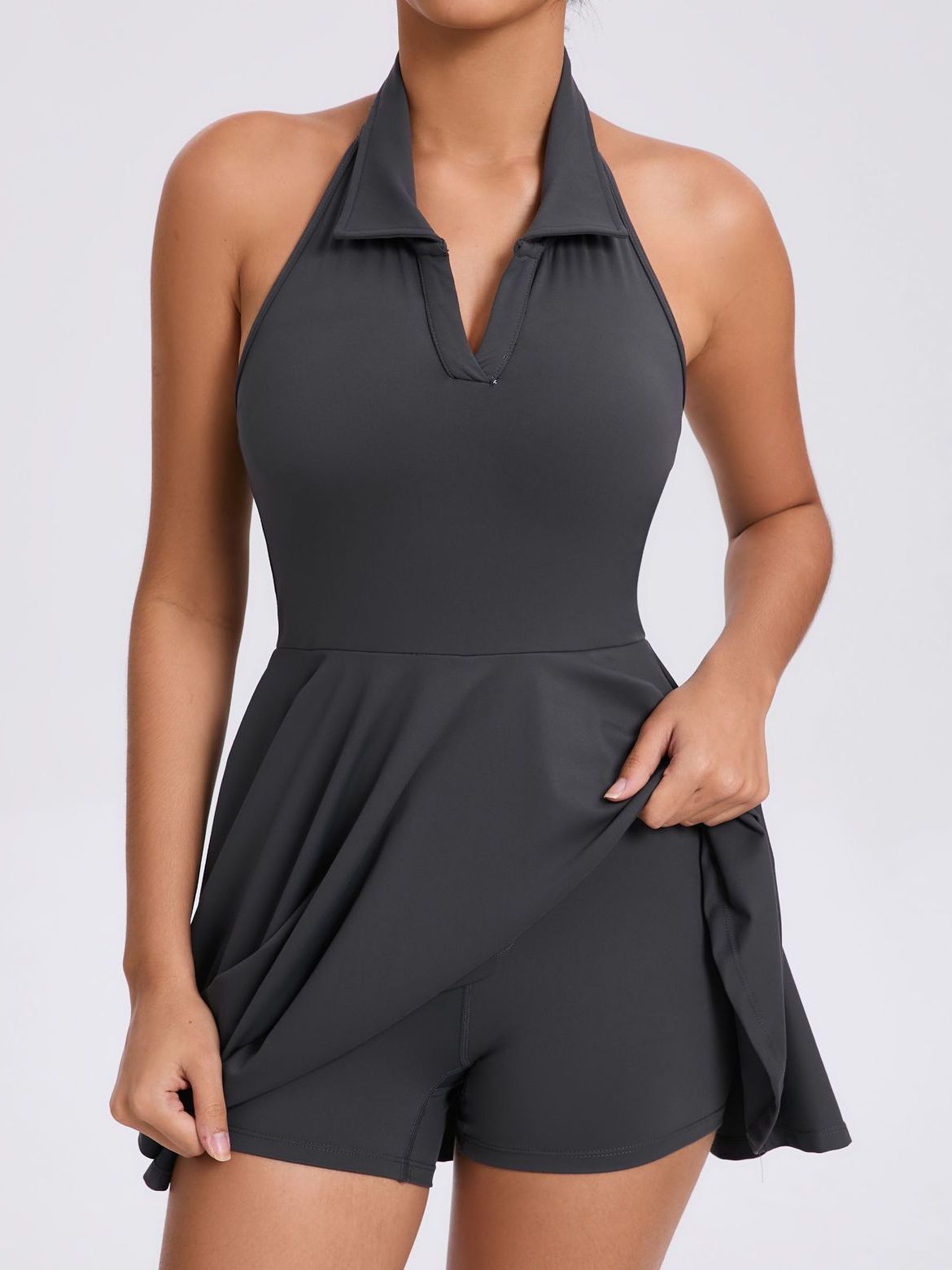 BUYCO Female Stand up collar Backless 2 in1 Pocket Short Dress