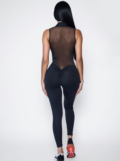 BUYCO Female Fitted Sheer Mesh Back Deep V Back Ruched Back Zipper Jumpsuit
