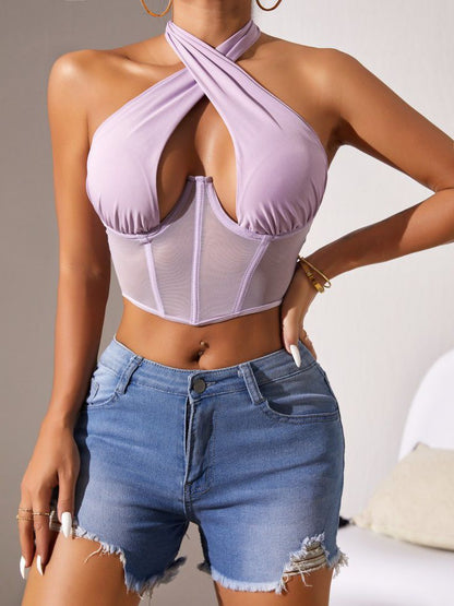 BUYCO Female Fitted Mesh Hollow Out Halter Lace-up Tanks