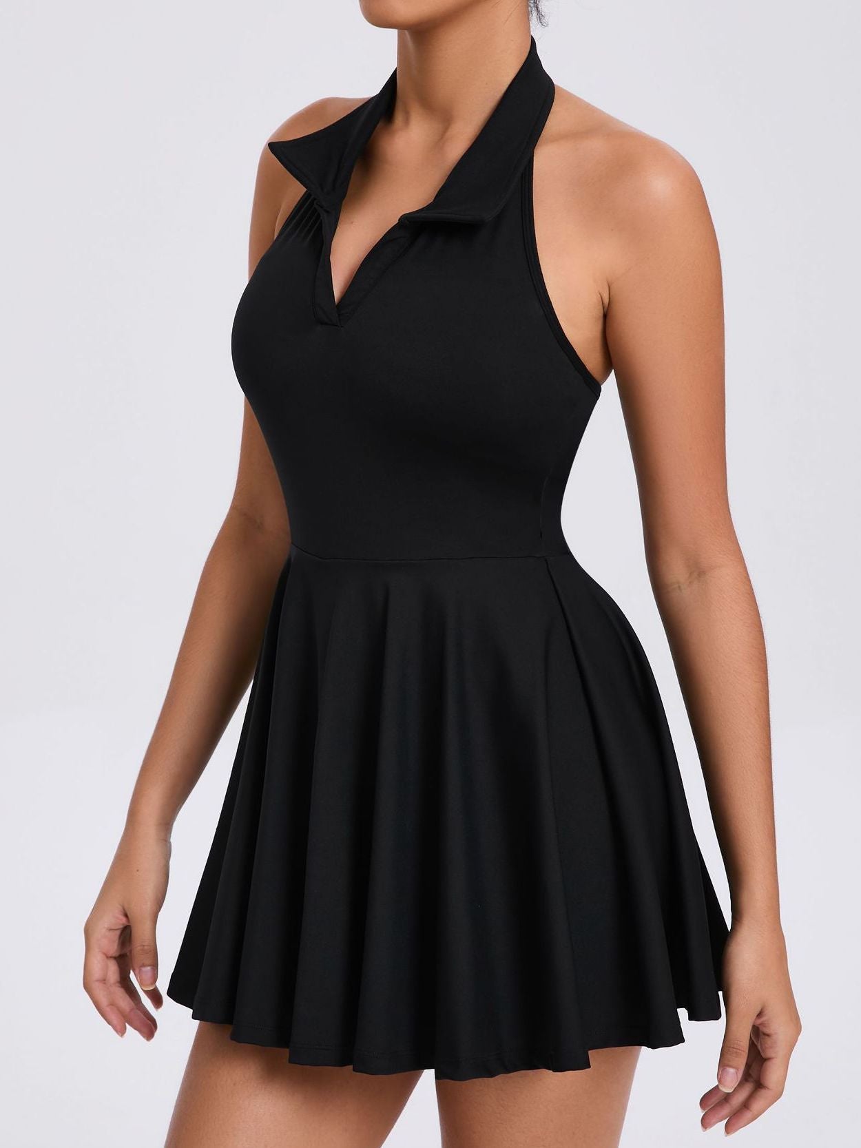 BUYCO Female Stand up collar Backless 2 in1 Pocket Short Dress