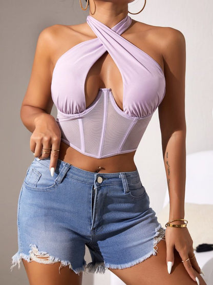 BUYCO Female Fitted Mesh Hollow Out Halter Lace-up Tanks