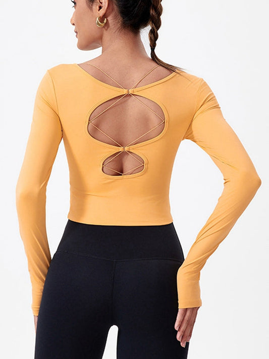 BUYCO Hollow Out Faux Denim Cross Back Backless Yoga Long Sleeves