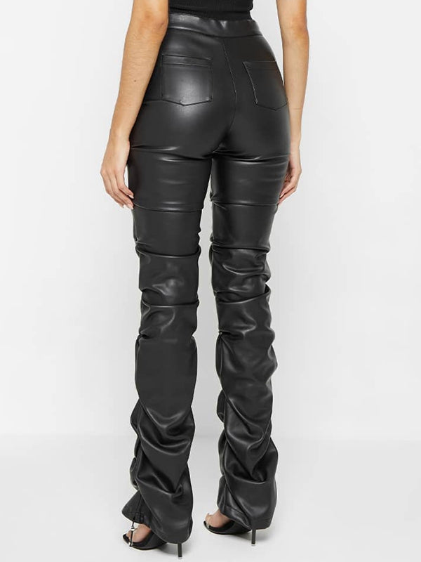 BUYCO Female Faux Leather Folds Zipper Fashion Leggings