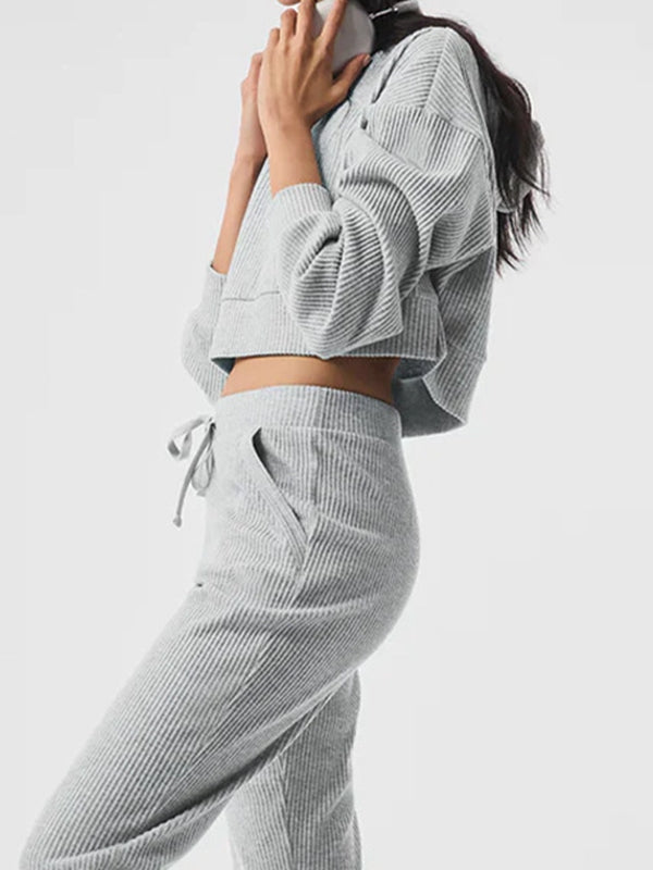 BUYCO Female Velvet Ribbed Pocket Hooded Tracksuit
