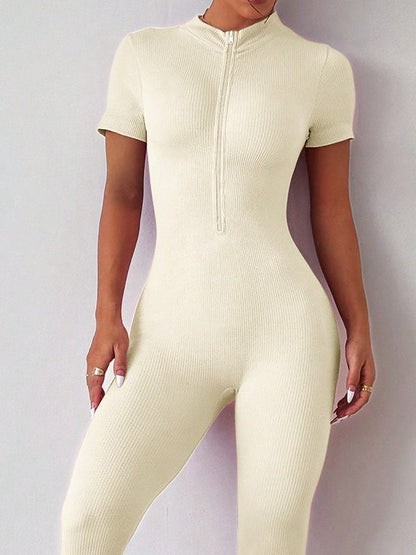 BUYCO Female Ribbed Zipper Short Sleeves Jumpsuit