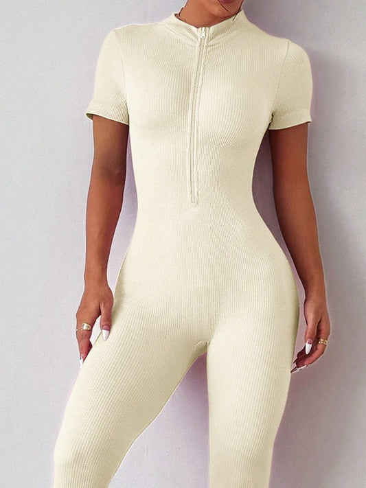 BUYCO Female Ribbed Zipper Short Sleeves Jumpsuit