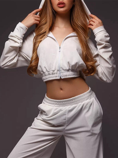 BUYCO Female Velvet Zipper Pocket Hooded Casual Cropped Tracksuit