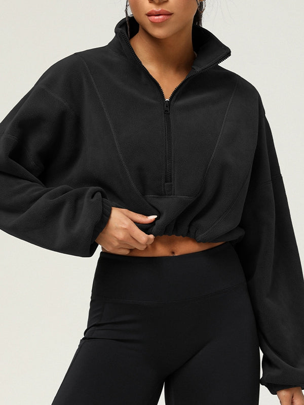 BUYCO Female Fleece Half Zipper Drawstring Cropped Hoodie