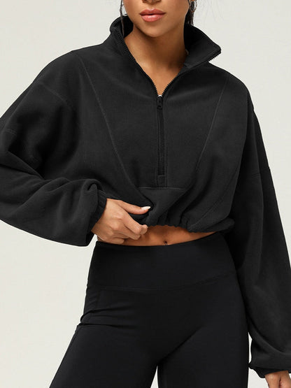 BUYCO Female Fleece Half Zipper Drawstring Cropped Hoodie