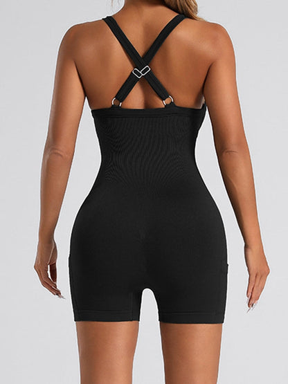 BUYCO Female Ribbed Pocket Cross Back Ruched Back Seamless Romper
