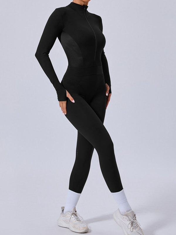 BUYCO Female Push-Up Mesh Thumbhole Zipper Jumpsuit