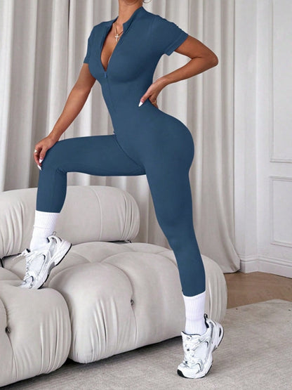 BUYCO Female Ribbed Zipper Short Sleeves Jumpsuit