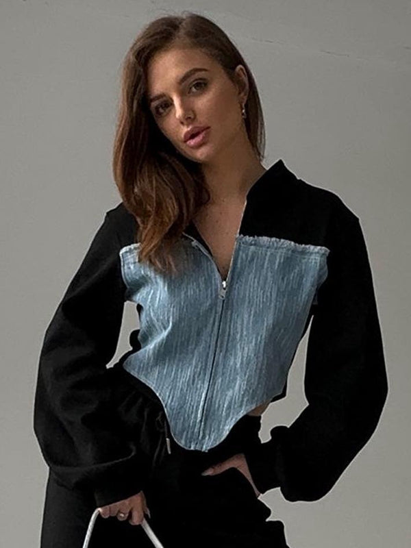 BUYCO Female Contrast Color Denim Zipper Hoodie
