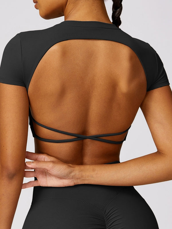 BUYCO Female Cross Back Backless Cropped Short Sleeves