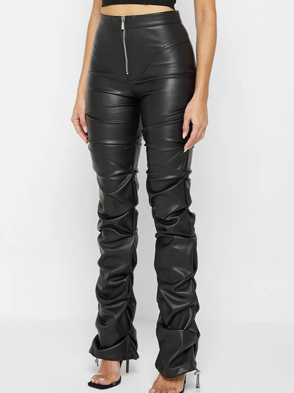BUYCO Female Faux Leather Folds Zipper Fashion Leggings