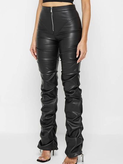 BUYCO Female Faux Leather Folds Zipper Fashion Leggings