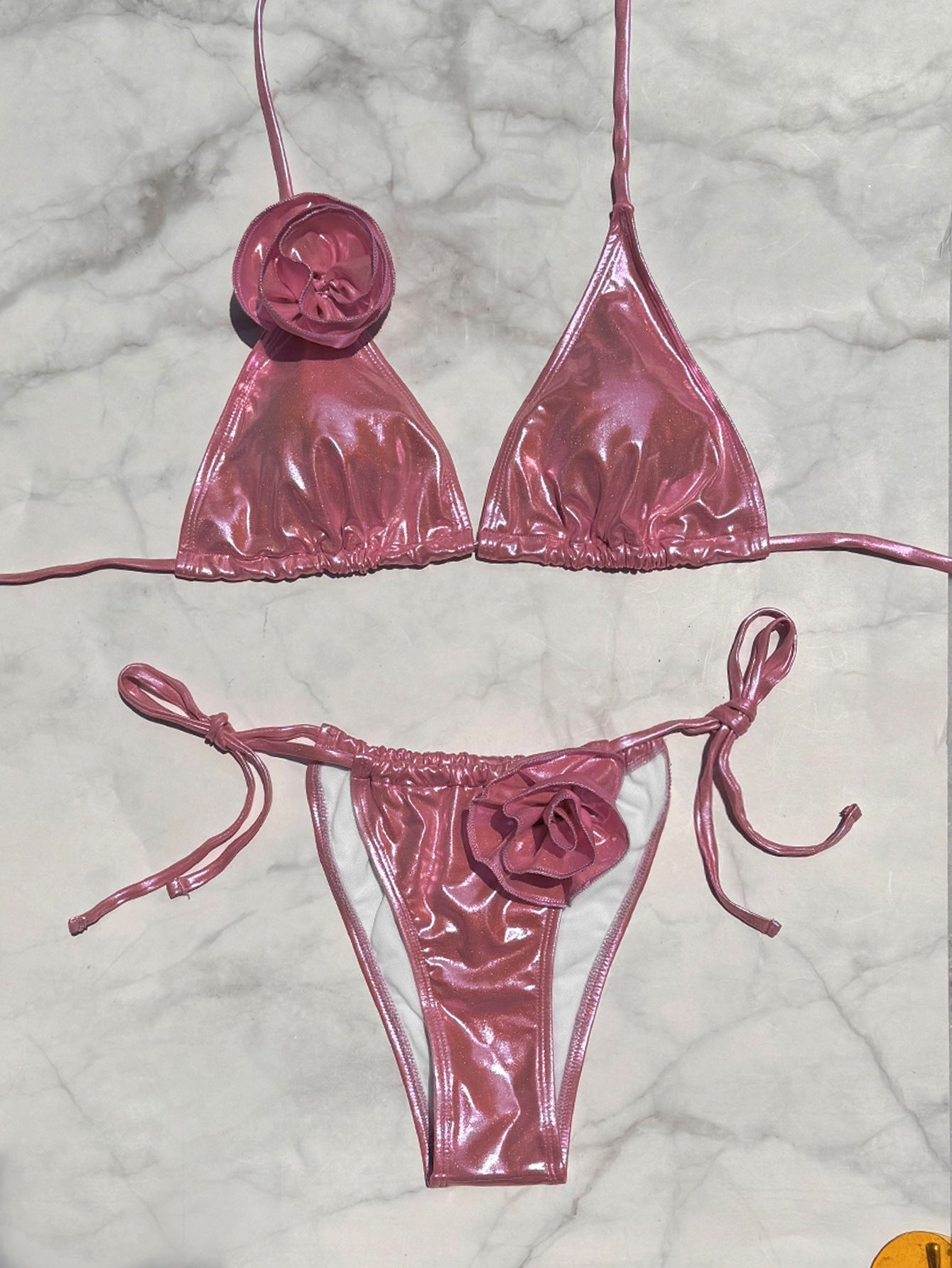 BUYCO Female Glossy PU Flower Bikini Set