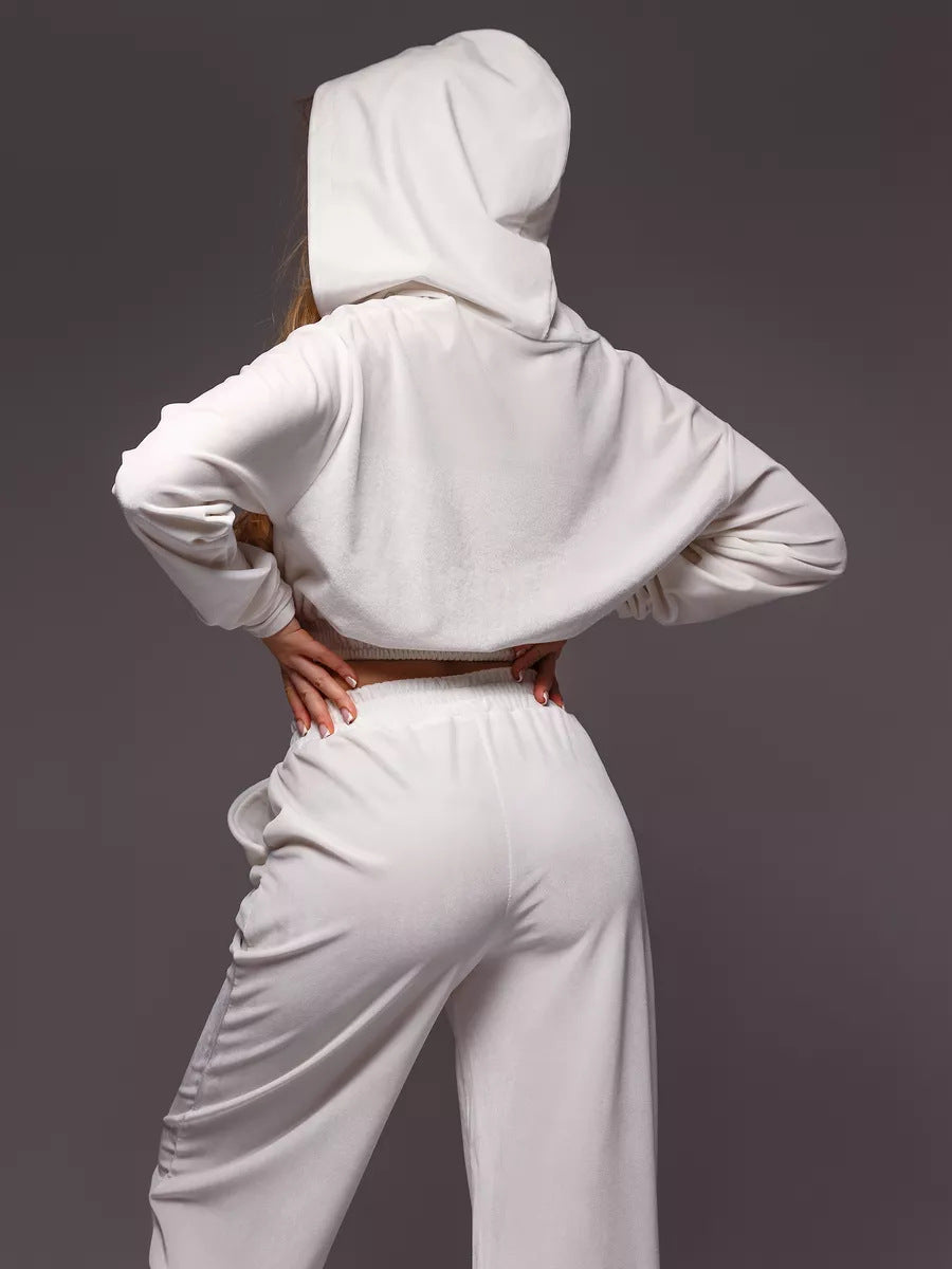 BUYCO Female Velvet Zipper Pocket Hooded Casual Cropped Tracksuit