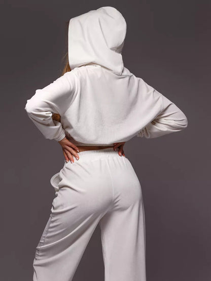 BUYCO Female Velvet Zipper Pocket Hooded Casual Cropped Tracksuit