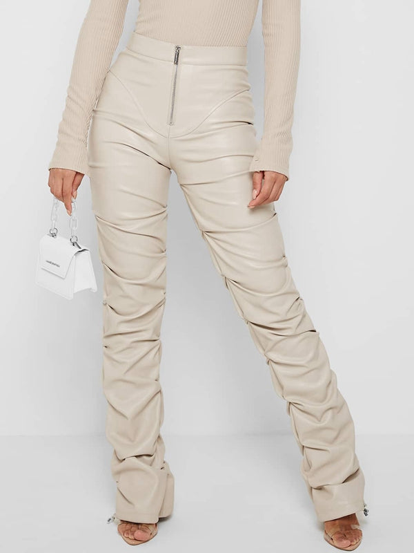 BUYCO Female Faux Leather Folds Zipper Fashion Leggings