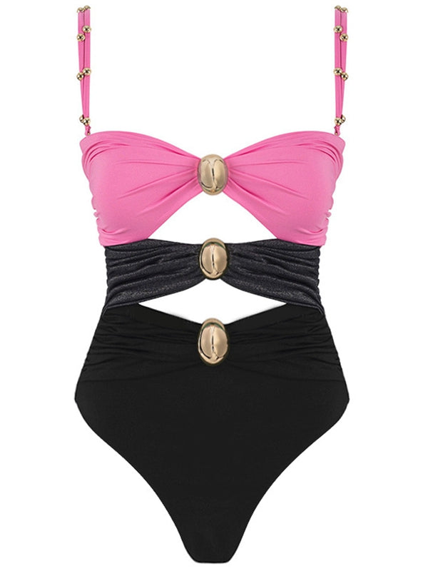 BUYCO Female Contast Color Unique Cutout  Button One Piece