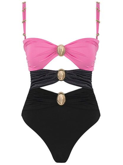 BUYCO Female Contast Color Unique Cutout  Button One Piece