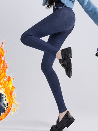BUYCO Female Denim Fleece Pocket Elastic Tight Leggings