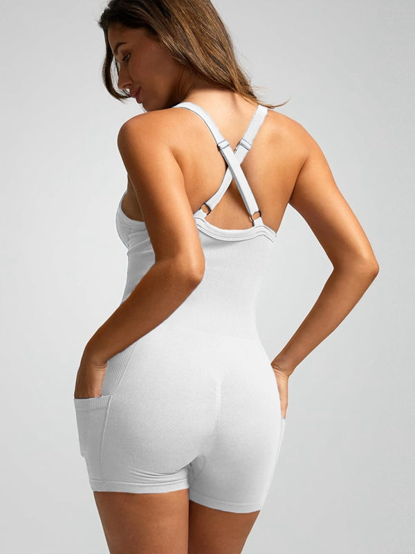 BUYCO Female Ribbed Pocket Cross Back Ruched Back Seamless Romper