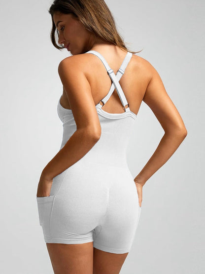 BUYCO Female Ribbed Pocket Cross Back Ruched Back Seamless Romper