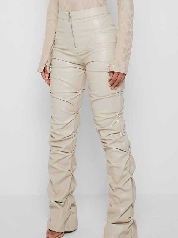 BUYCO Female Faux Leather Folds Zipper Fashion Leggings