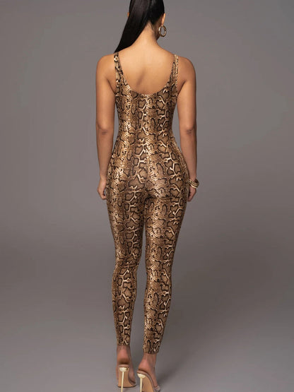 BUYCO Female Leopard Print U Collar Jumpsuit
