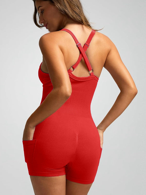 BUYCO Female Ribbed Pocket Cross Back Ruched Back Seamless Romper