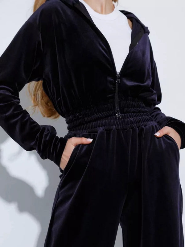 BUYCO Female Velvet Zipper Pocket Hooded Casual Cropped Tracksuit