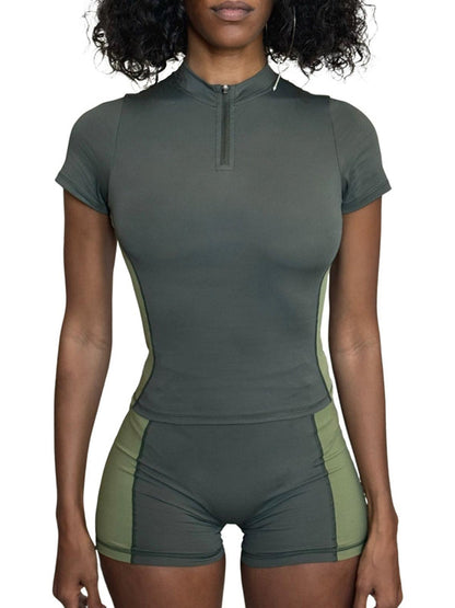 BUYCO Female Contrast Color Zipper Elastic Tight Short Tracksuit