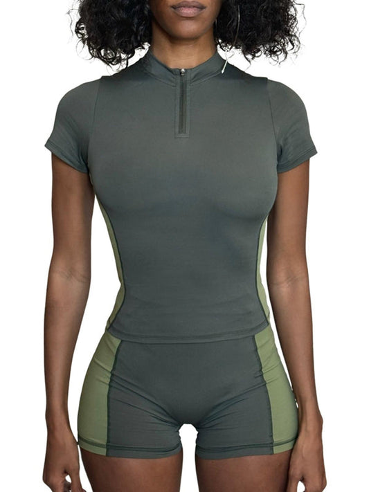 BUYCO Female Contrast Color Zipper Elastic Tight Short Tracksuit