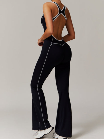 BUYCO Female Backless Stripes Flare Jumpsuit
