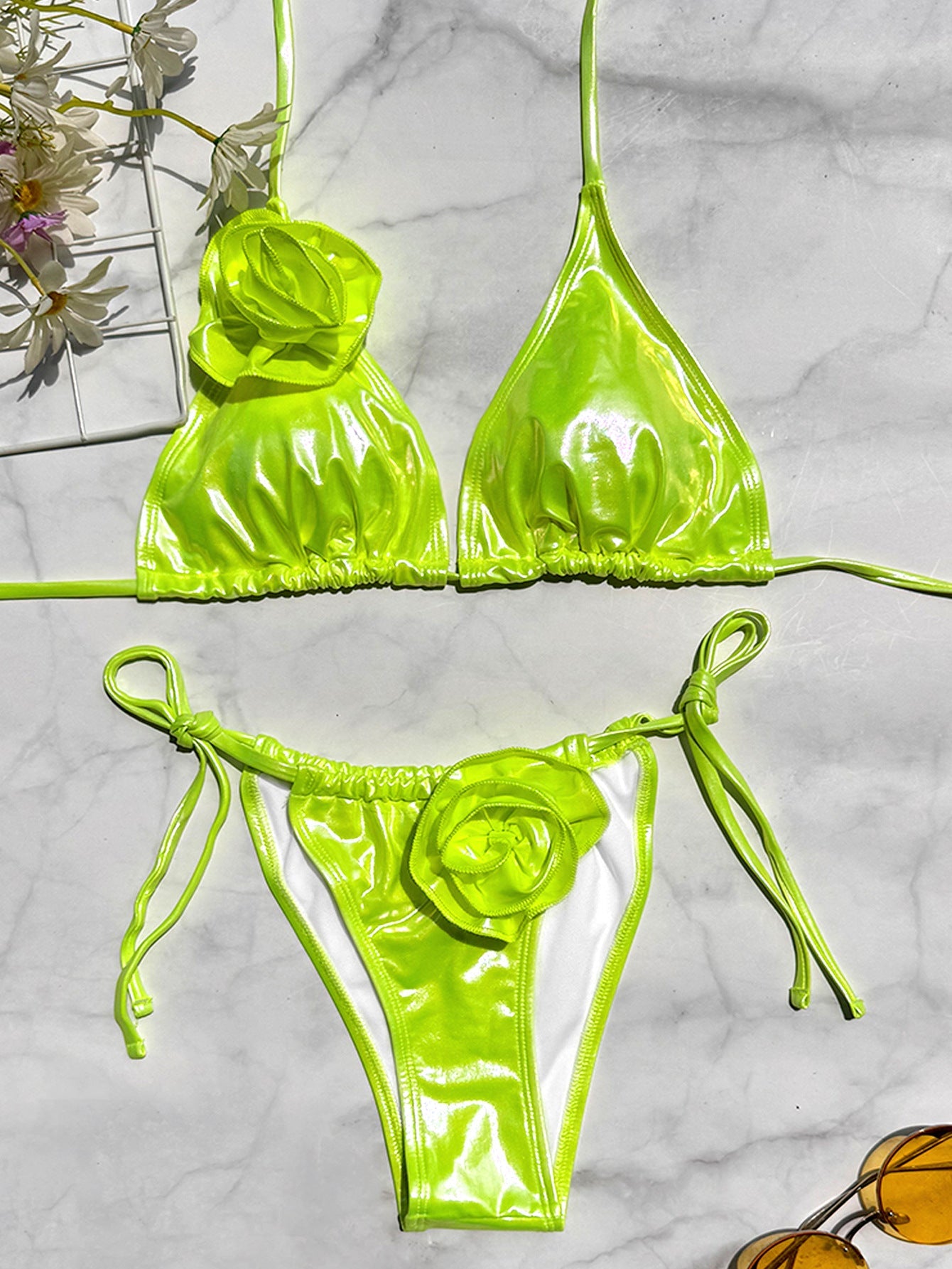 BUYCO Female Glossy PU Flower Bikini Set