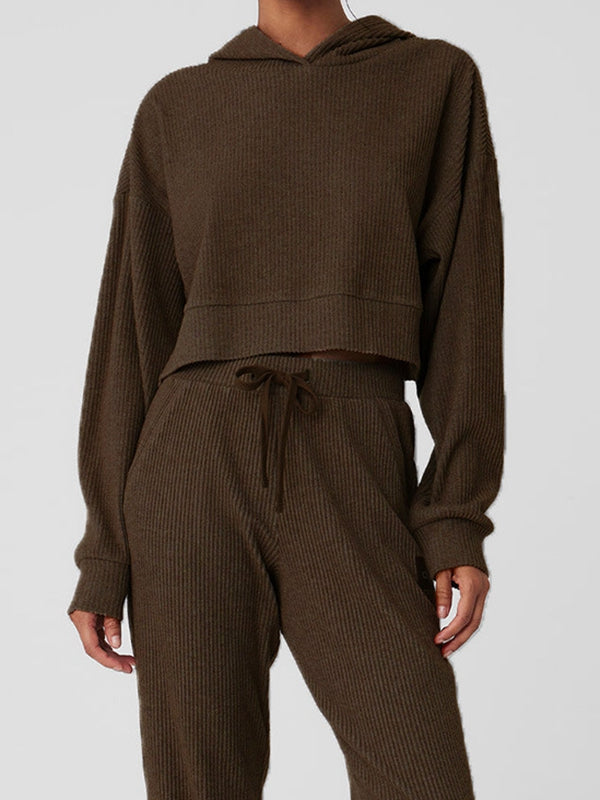 BUYCO Female Velvet Ribbed Pocket Hooded Tracksuit