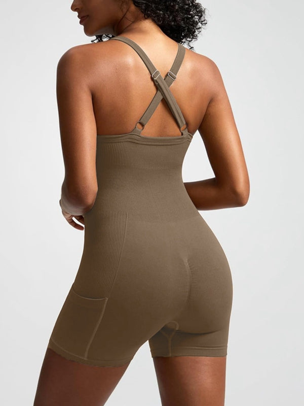 BUYCO Female Ribbed Pocket Cross Back Ruched Back Seamless Romper
